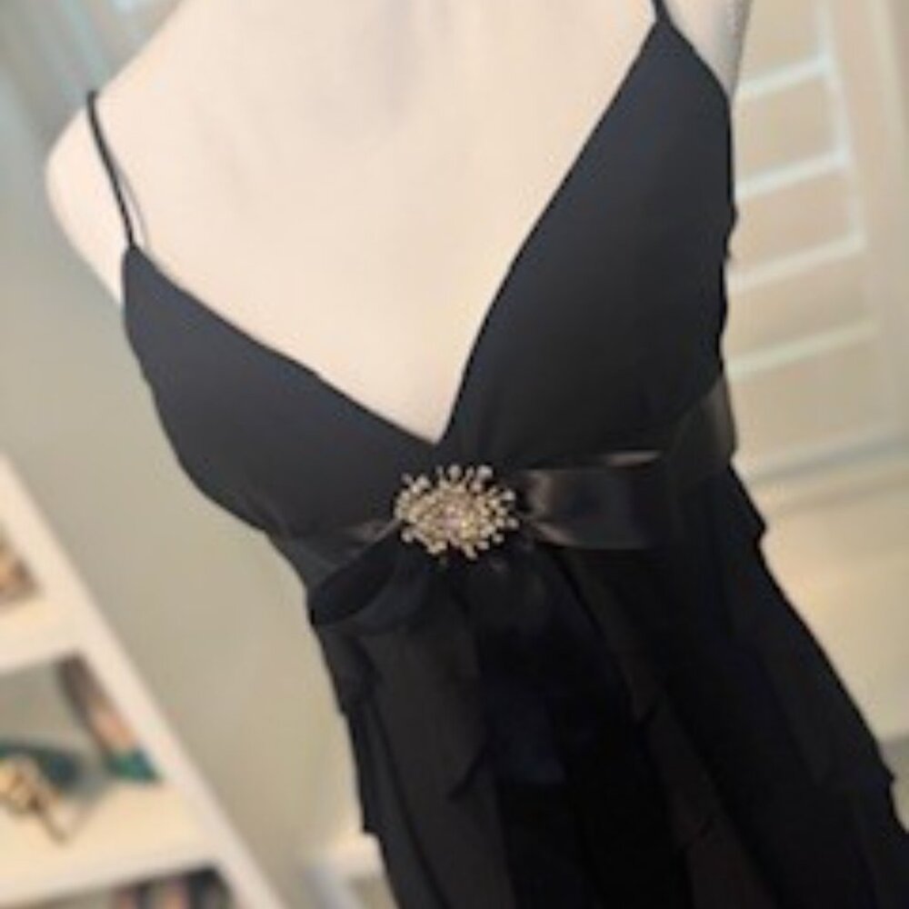 Black Ruffle Cocktail Dress with Rhinestone Brooch - Picture 2 of 8